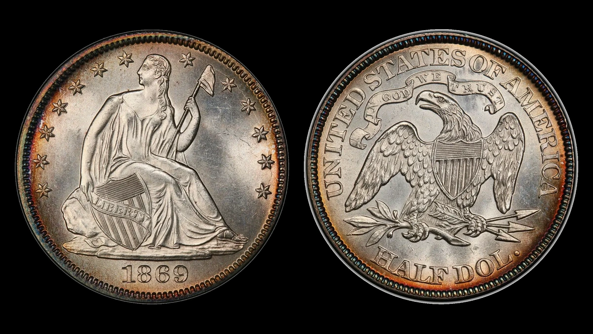 1869 Liberty Seated Half Dollar, obverse and reverse
