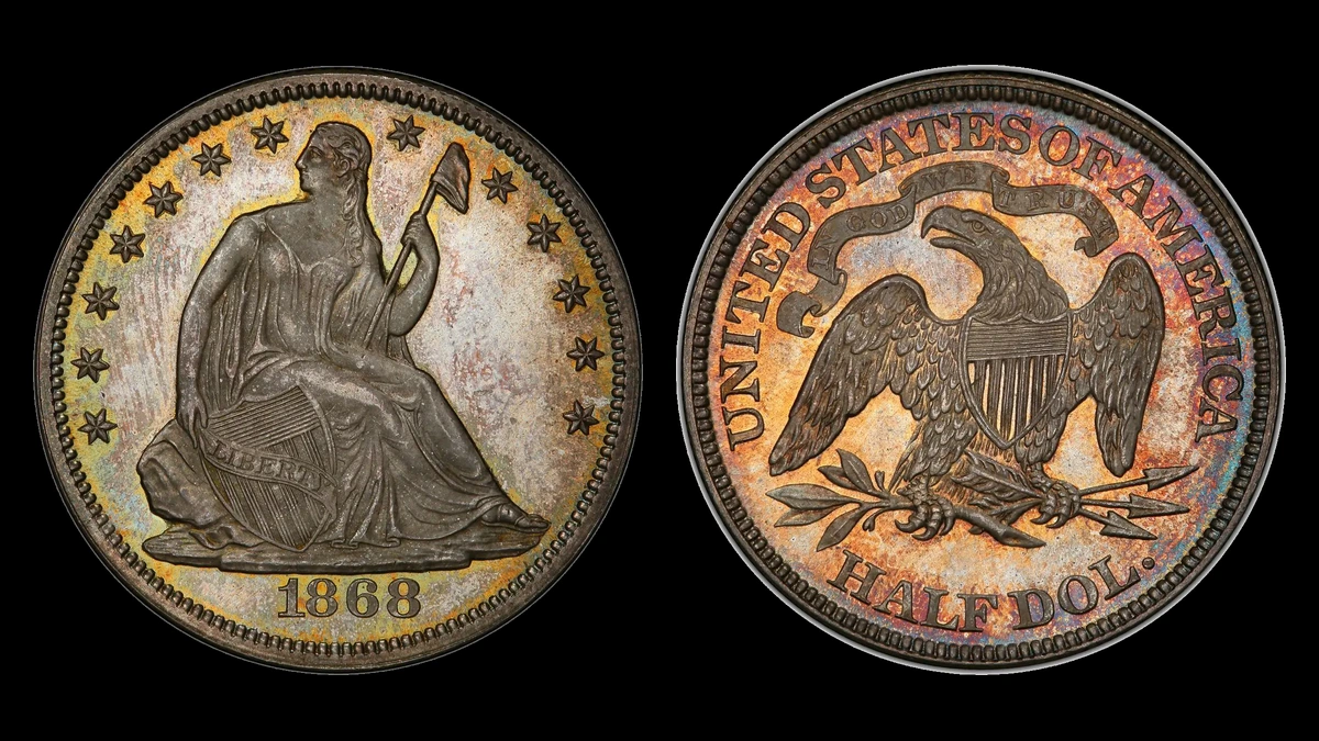 1868 Liberty Seated Half Dollar, obverse and reverse