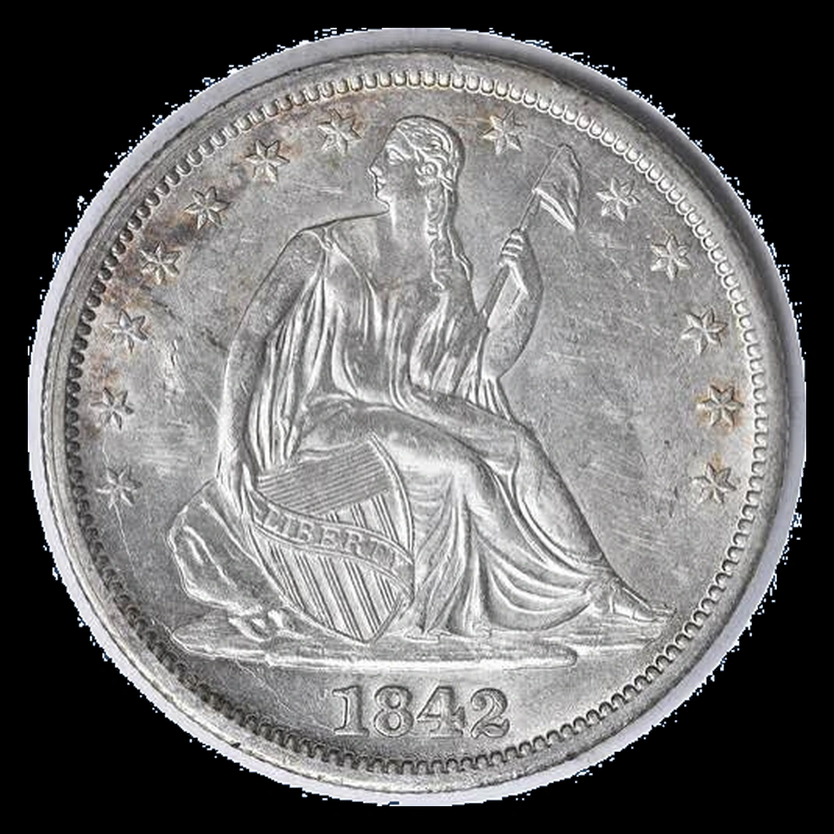 1842 Liberty Seated Half Dollar: Die Crack / Die Chip