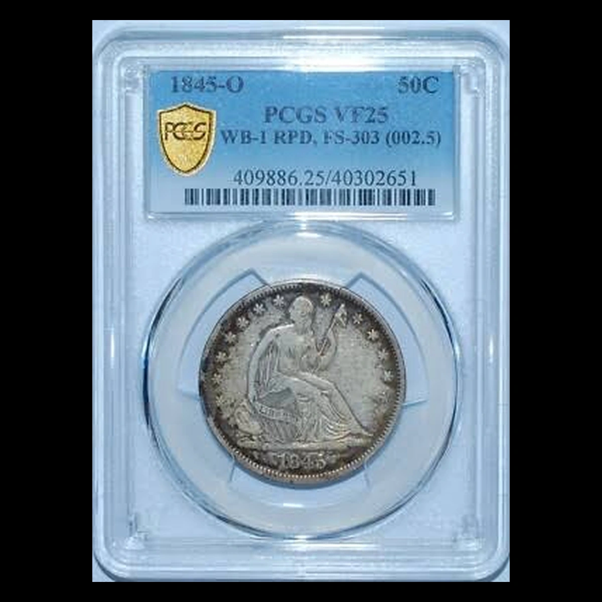 1845 Liberty Seated Half Dollar: Repunched Date