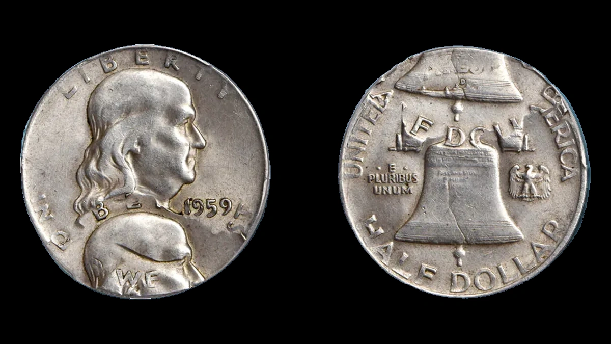 1959 Franklin Half Dollar: double strike with an off-center second impression
