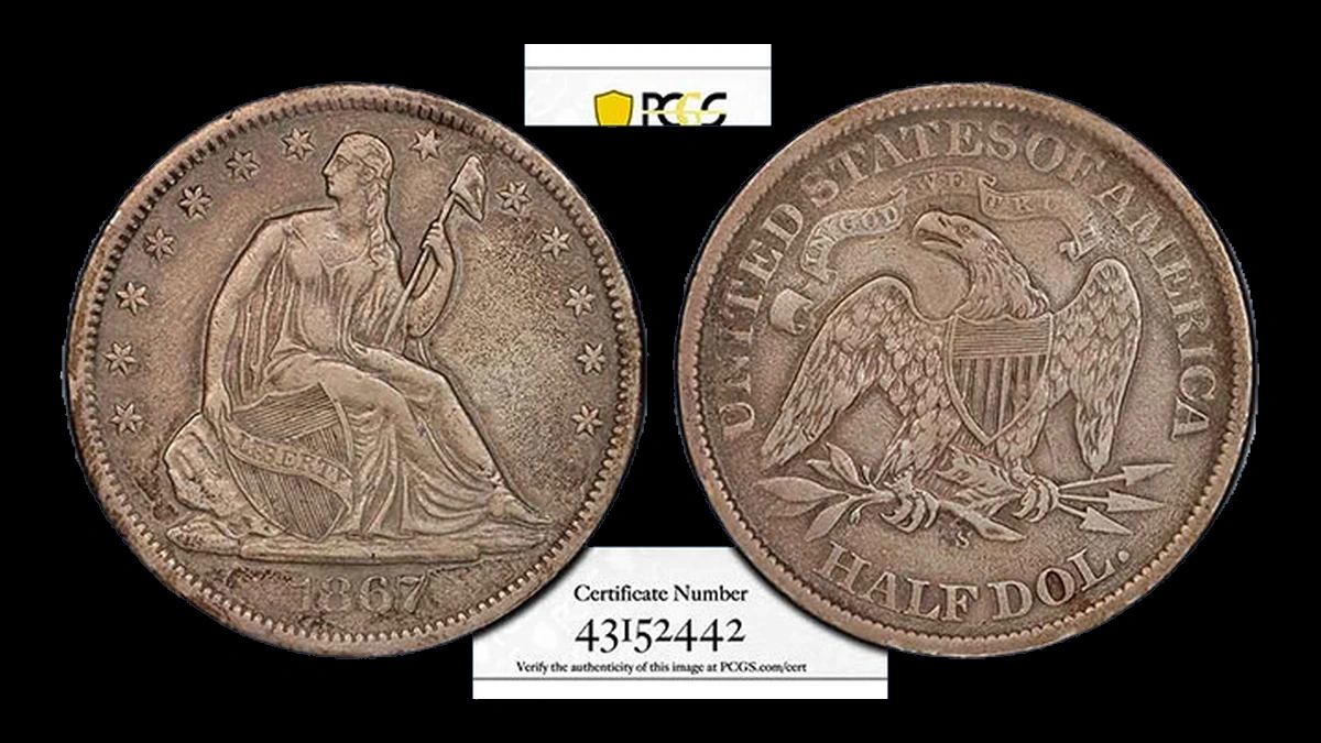 1867 Liberty Seated Half Dollar: Die Crack / Die Chip