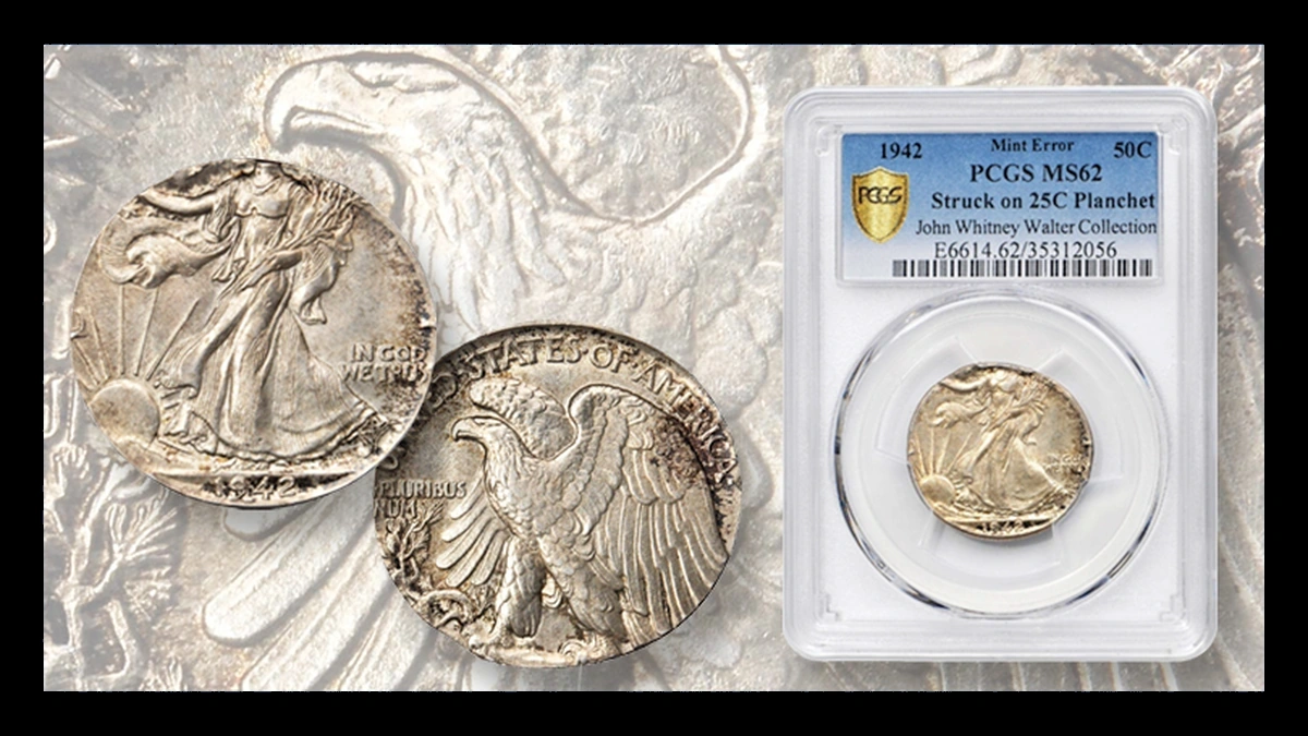 1942 Walking Liberty Half Dollar: Wrong Planchet / Off-Metal Strike