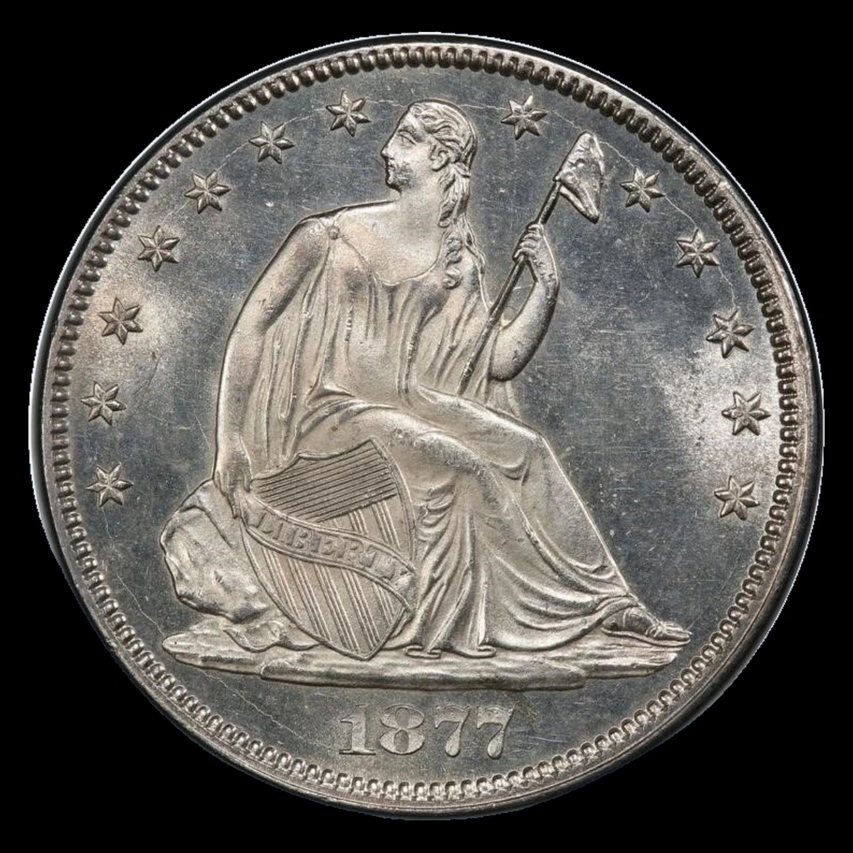 1877 Liberty Seated Half Dollar: Die Crack / Die Chip