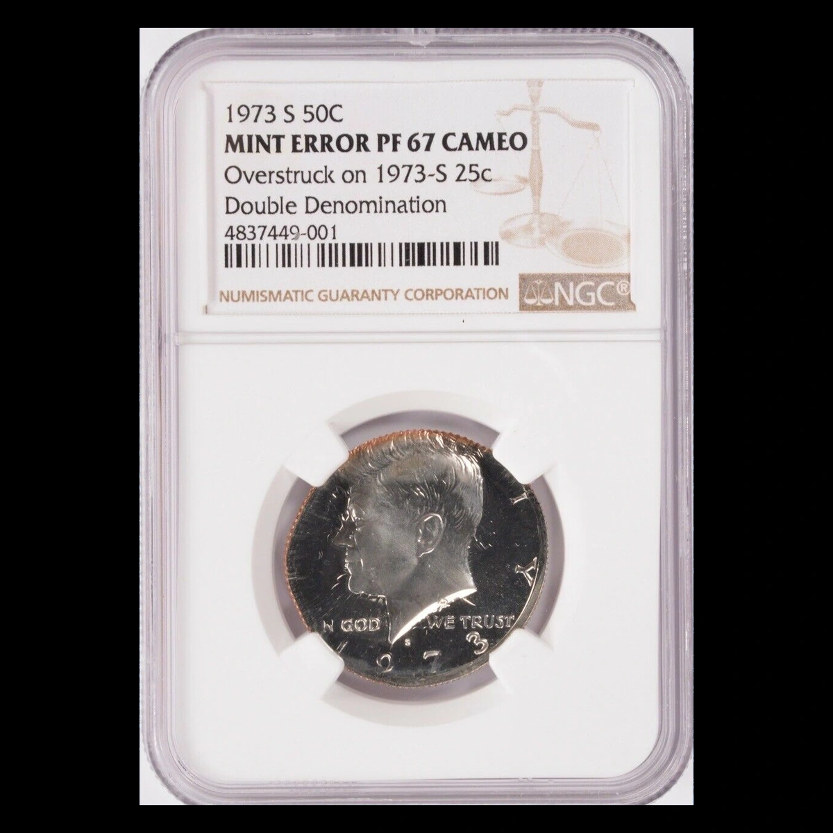 1973 Kennedy Half Dollar: Overstrike / Double Denomination
