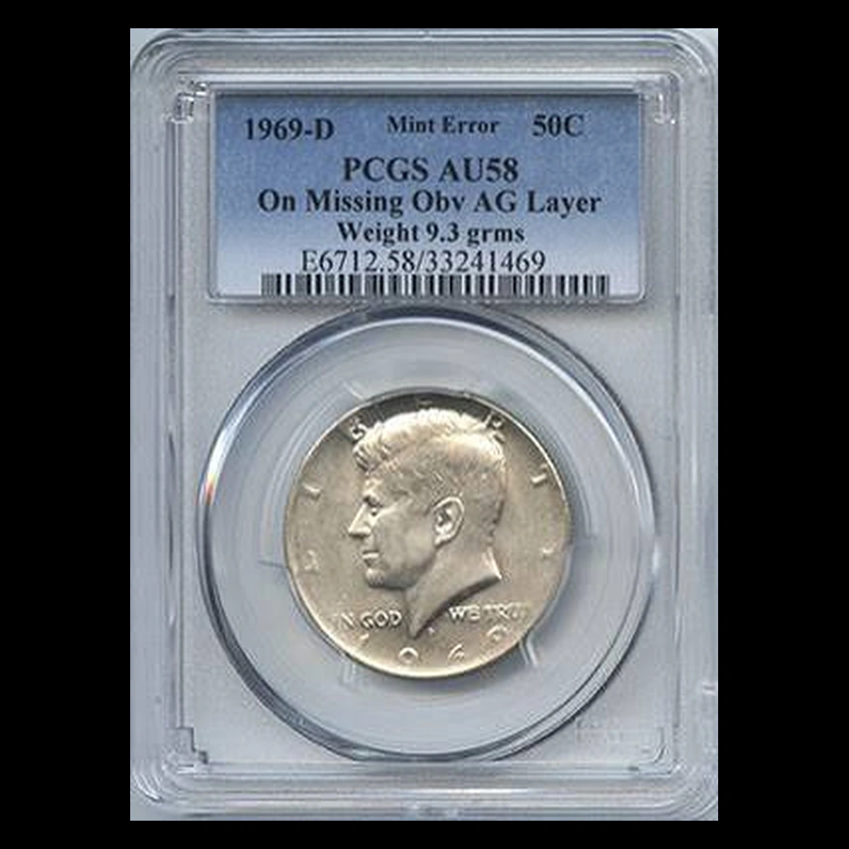 1969 Kennedy Half Dollar: Missing Obverse Silver Layer