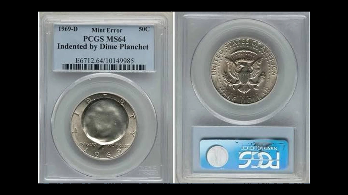 1969 Kennedy Half Dollar: Indented by a Dime Planchet