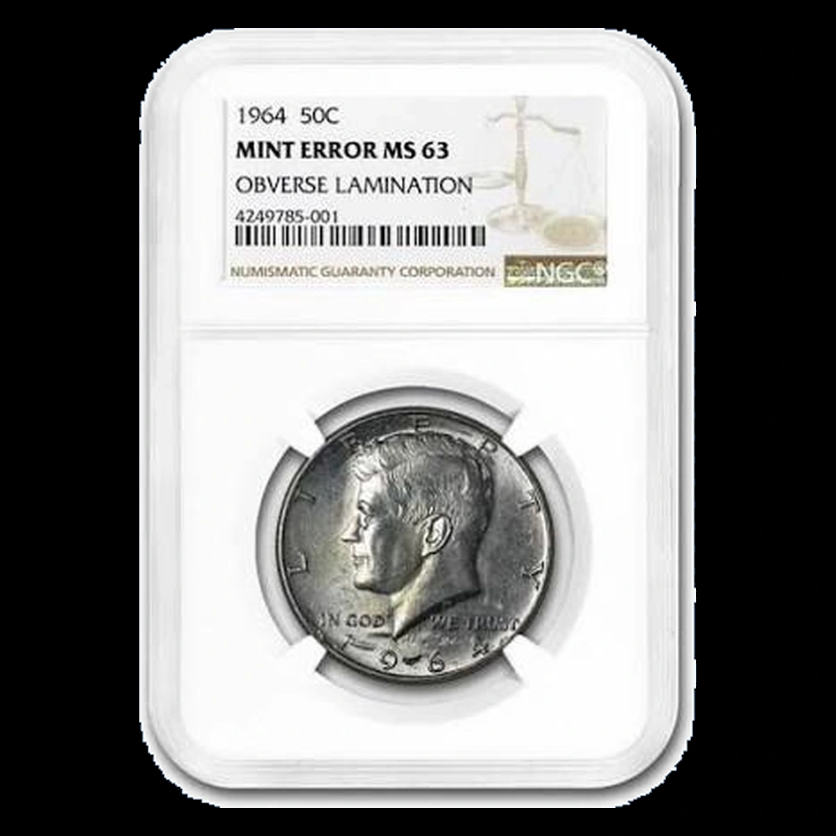 1964 Kennedy Half Dollar: obverse lamination
