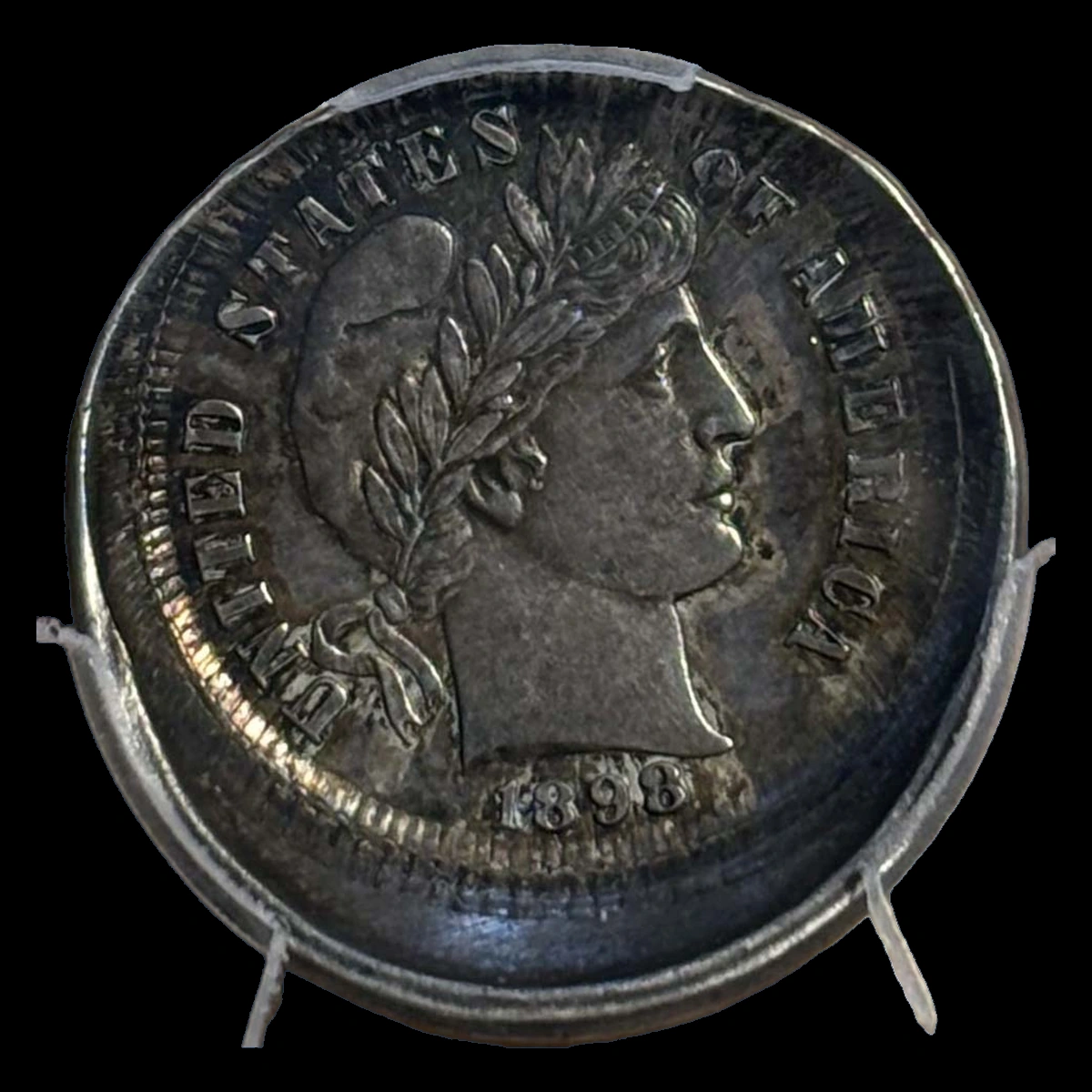 1898 Barber Dime: Off-Center Obverse Die Cap
