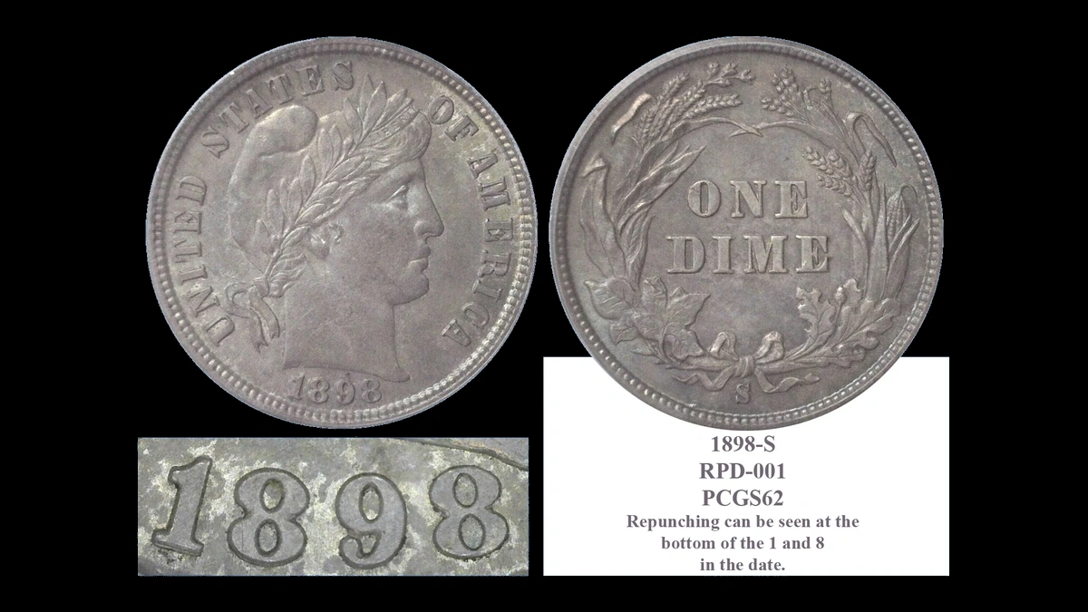 1898 Barber Dime: Repunched Date