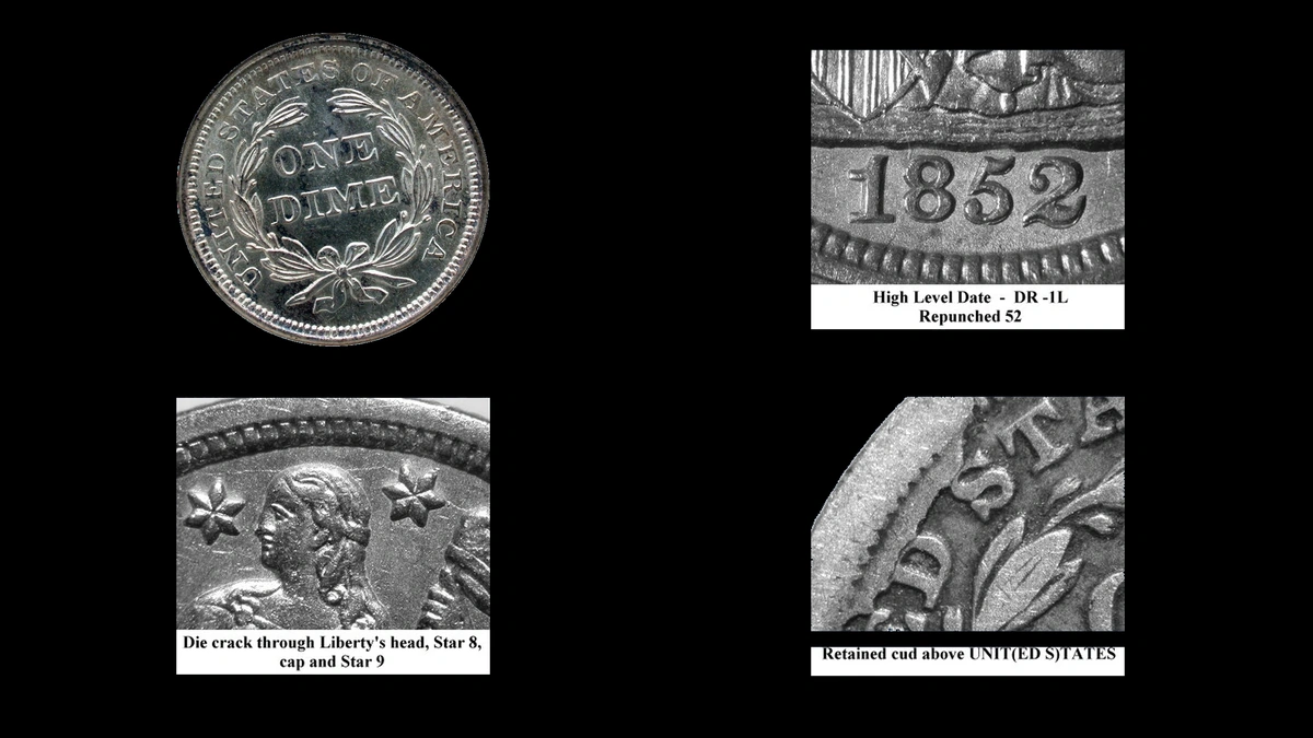 1852 Dime Errors — error coin photographs