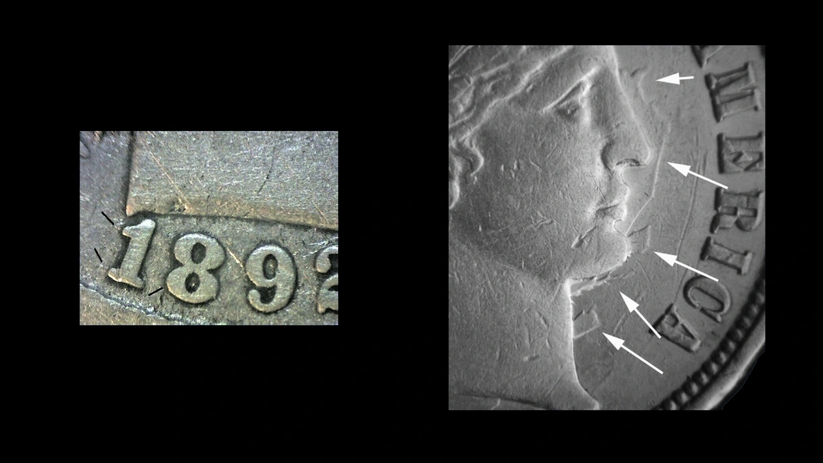 1892 Dime Errors — error coin photographs