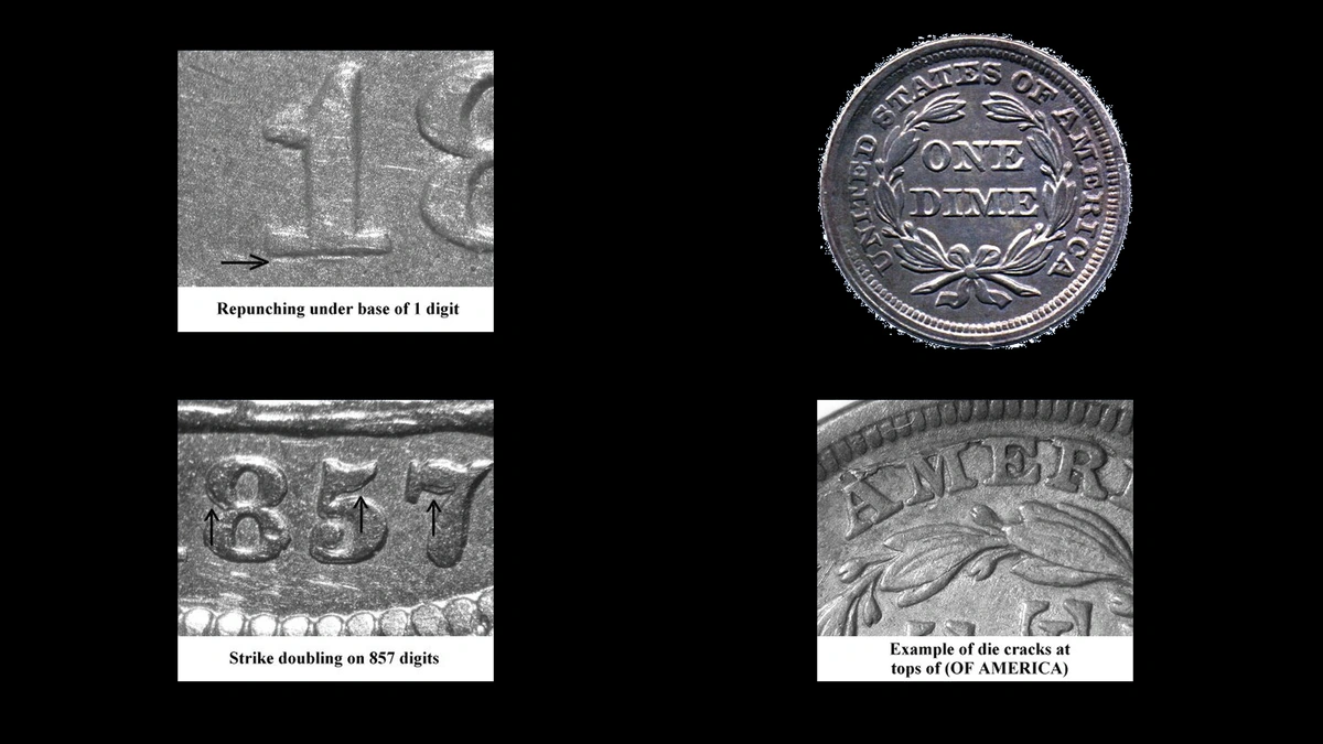 1857 Dime Errors — error coin photographs