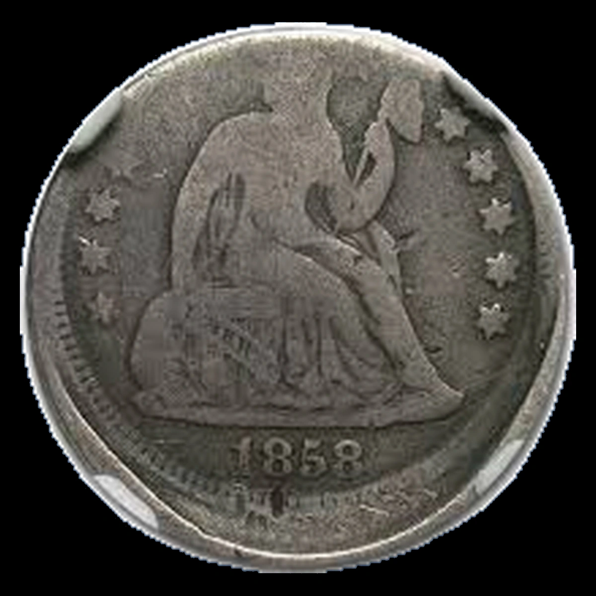 1858 Liberty Seated Dime: Off Center Strike