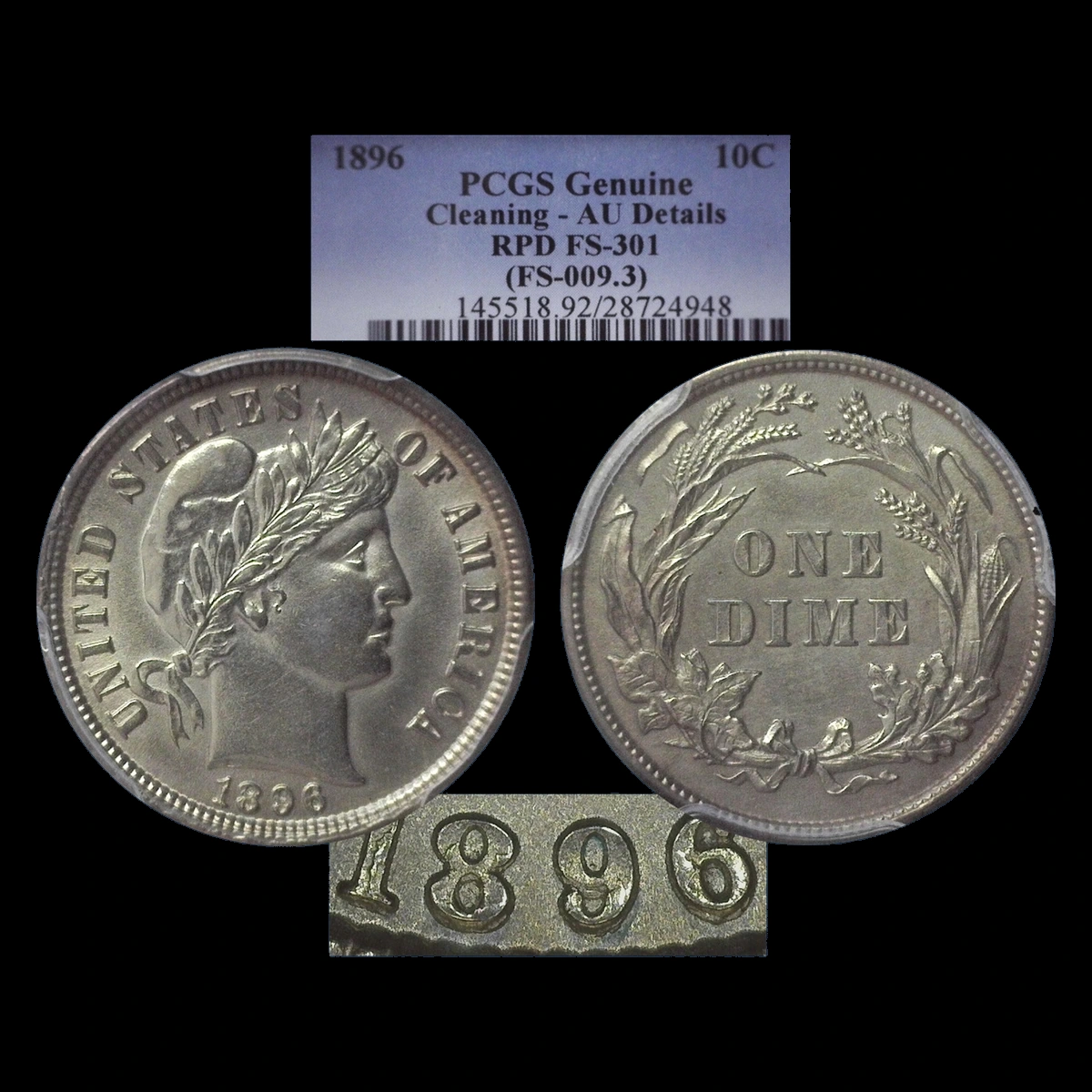 1896 Barber Dime: Repunched Date