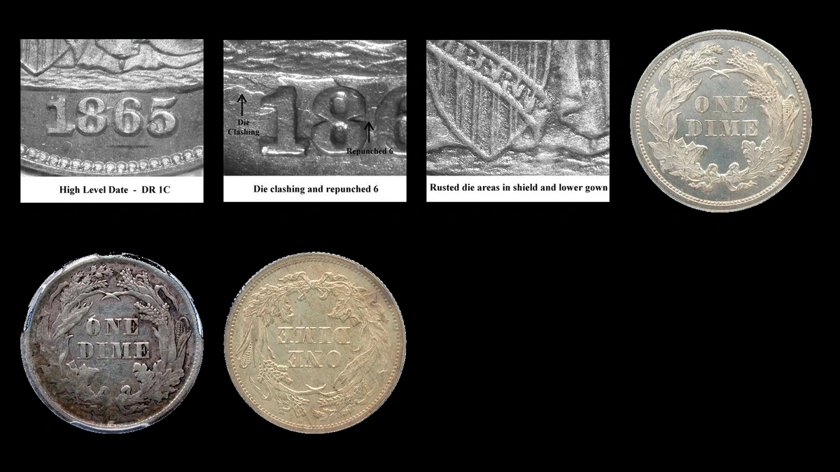 1865 Dime Errors — error coin photographs