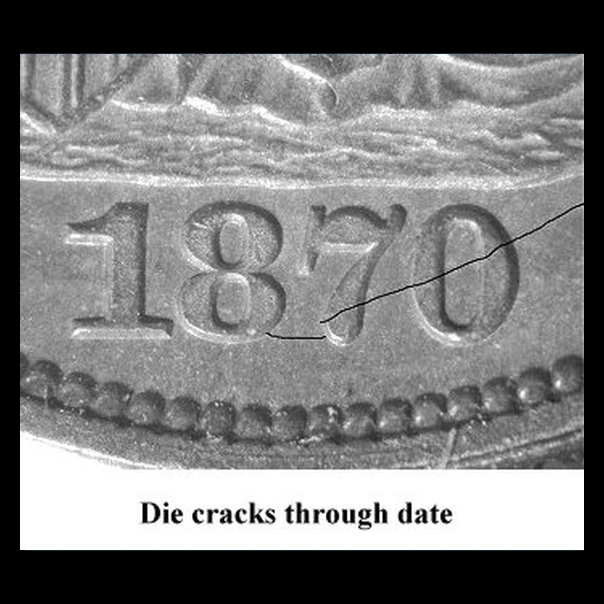 1870 Liberty Seated Dime: Die Crack / Die Chip