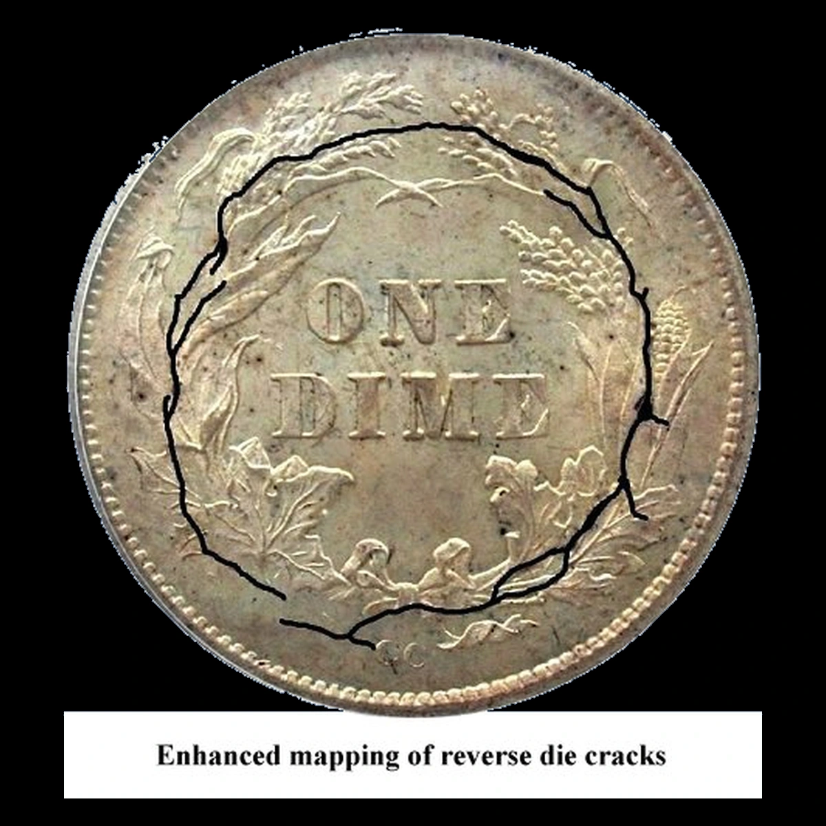1878 Liberty Seated Dime: Die Crack / Die Chip