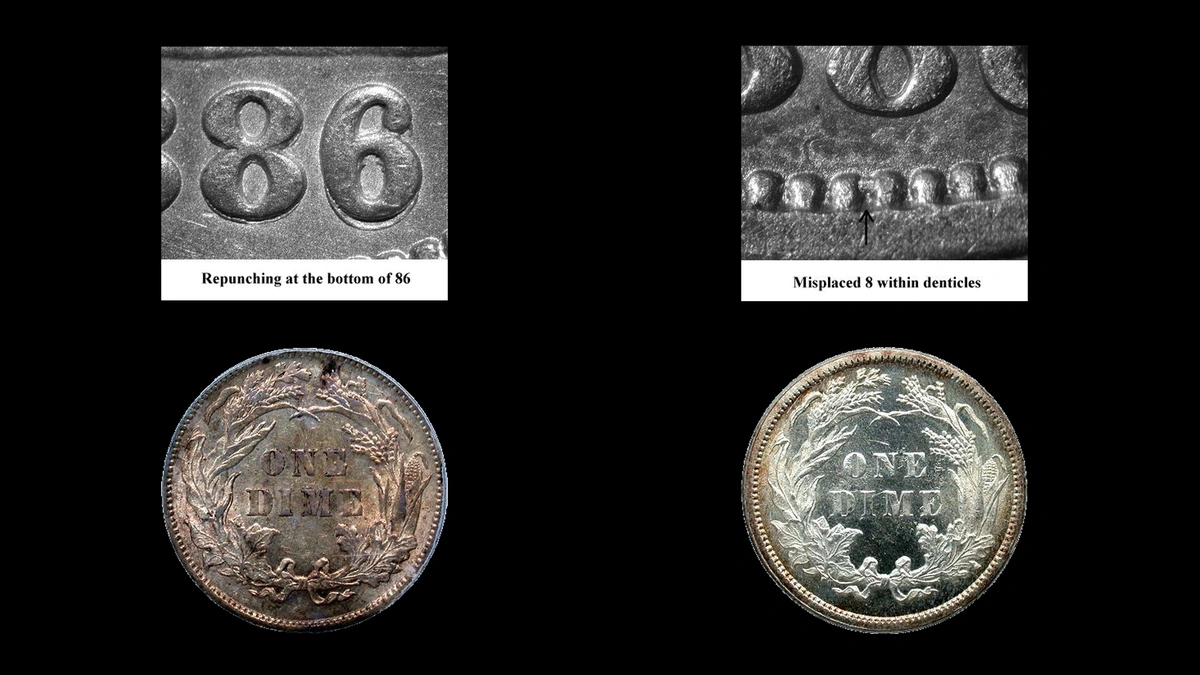 1886 Dime Errors — error coin photographs
