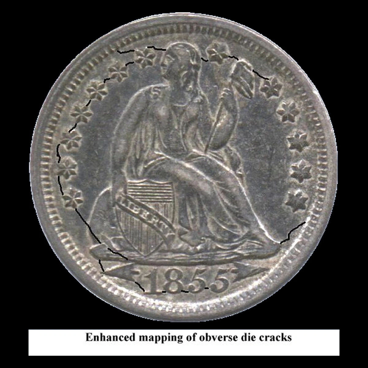1855 Liberty Seated Dime: Die Crack / Die Chip
