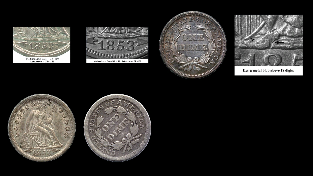 1853 Dime Errors — error coin photographs