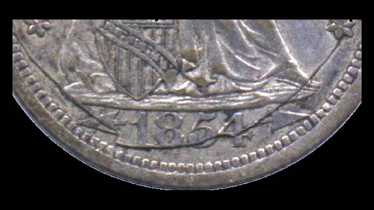1854 Liberty Seated Dime: Die Crack / Die Chip