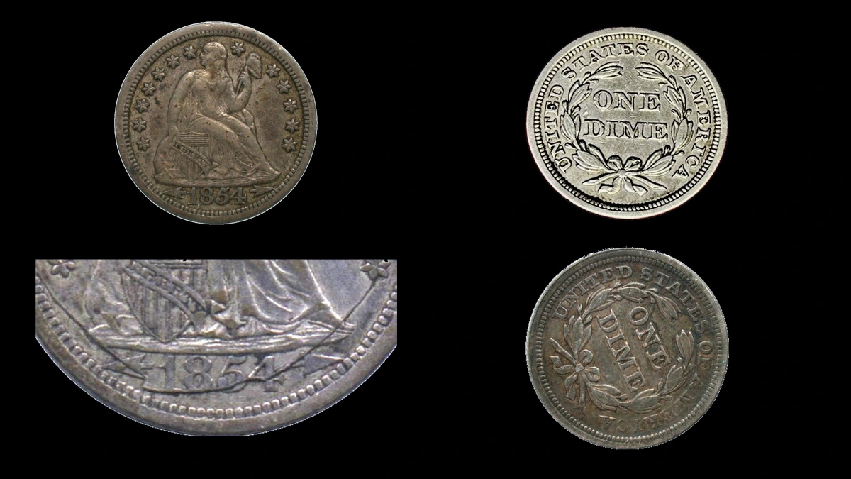 1854 Dime Errors — error coin photographs