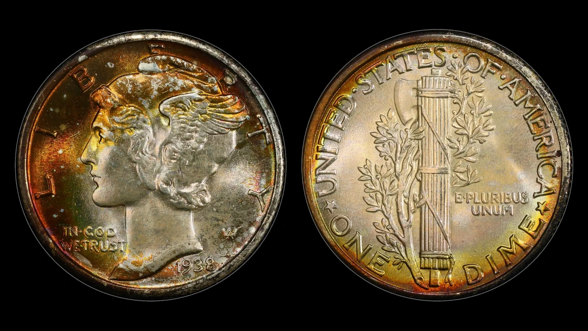 1938 MS Mercury Dime, obverse and reverse