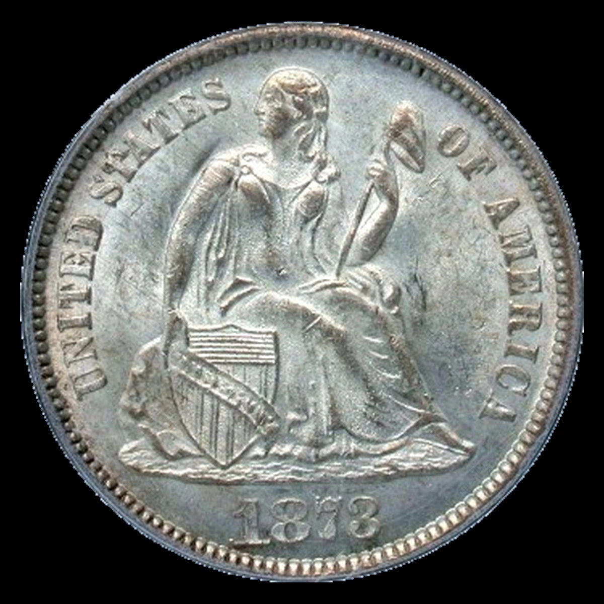 1873 Liberty Seated Dime: Die Crack / Die Chip