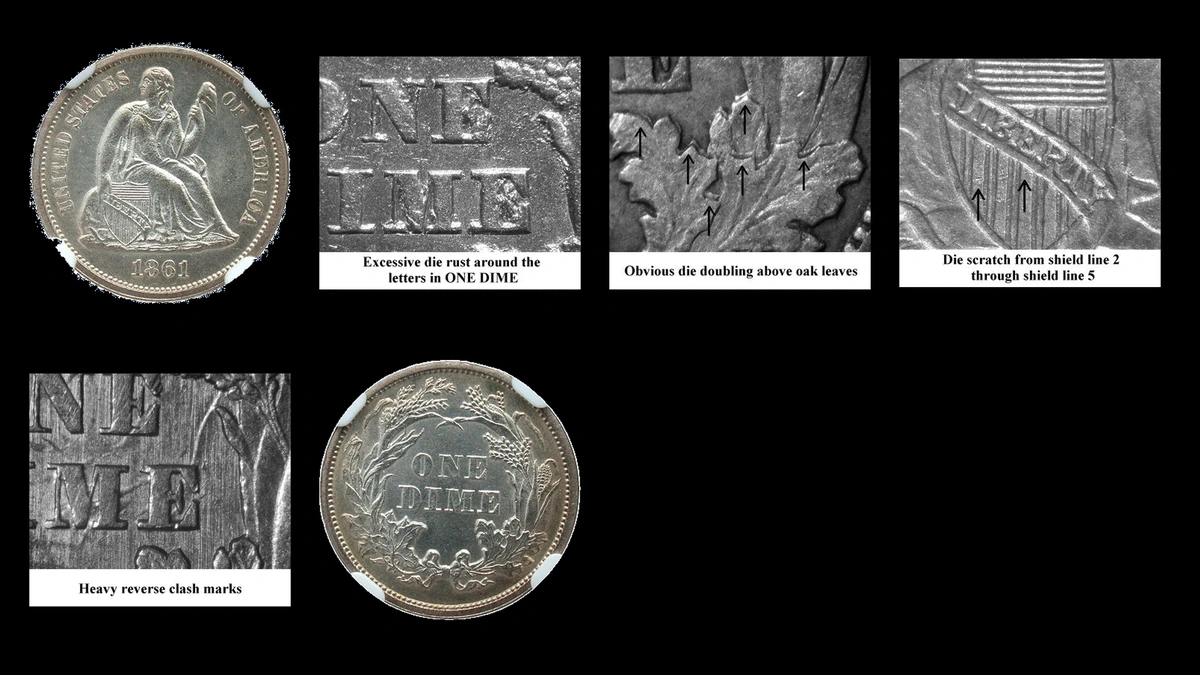 1861 Dime Errors — error coin photographs