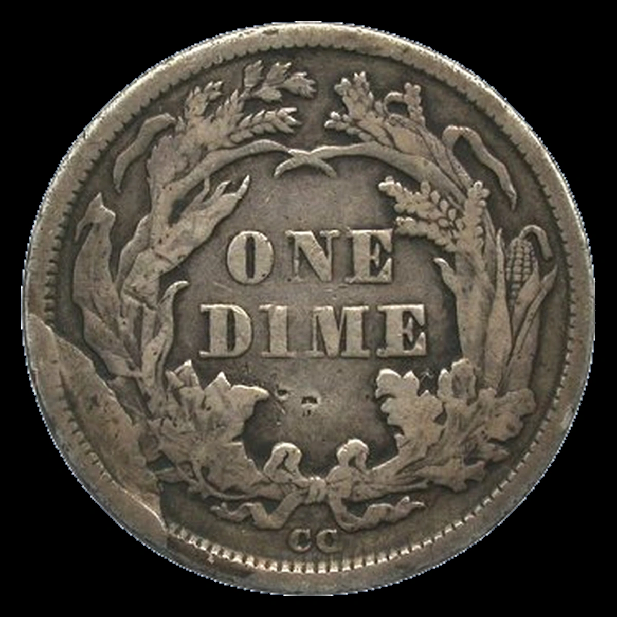 1875 Liberty Seated Dime: Die Break / Cud