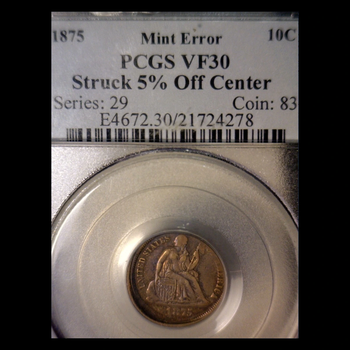 1875 Liberty Seated Dime: Off-Center Strike