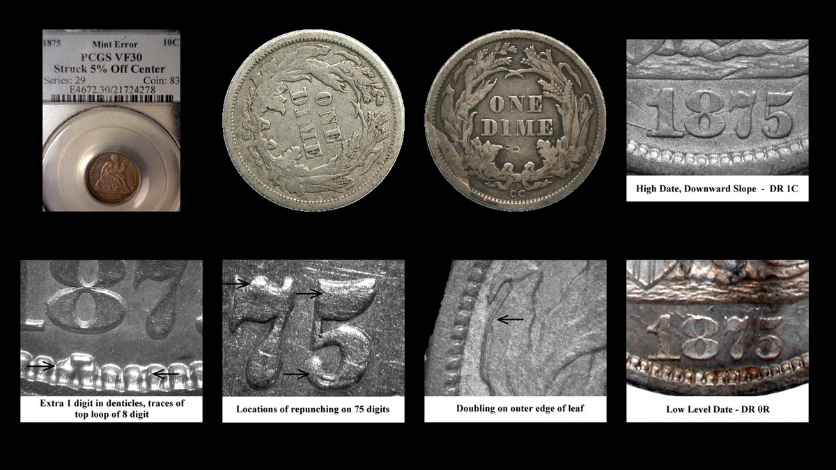1875 Dime Errors — error coin photographs