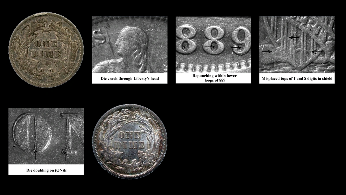 1889 Dime Errors — error coin photographs