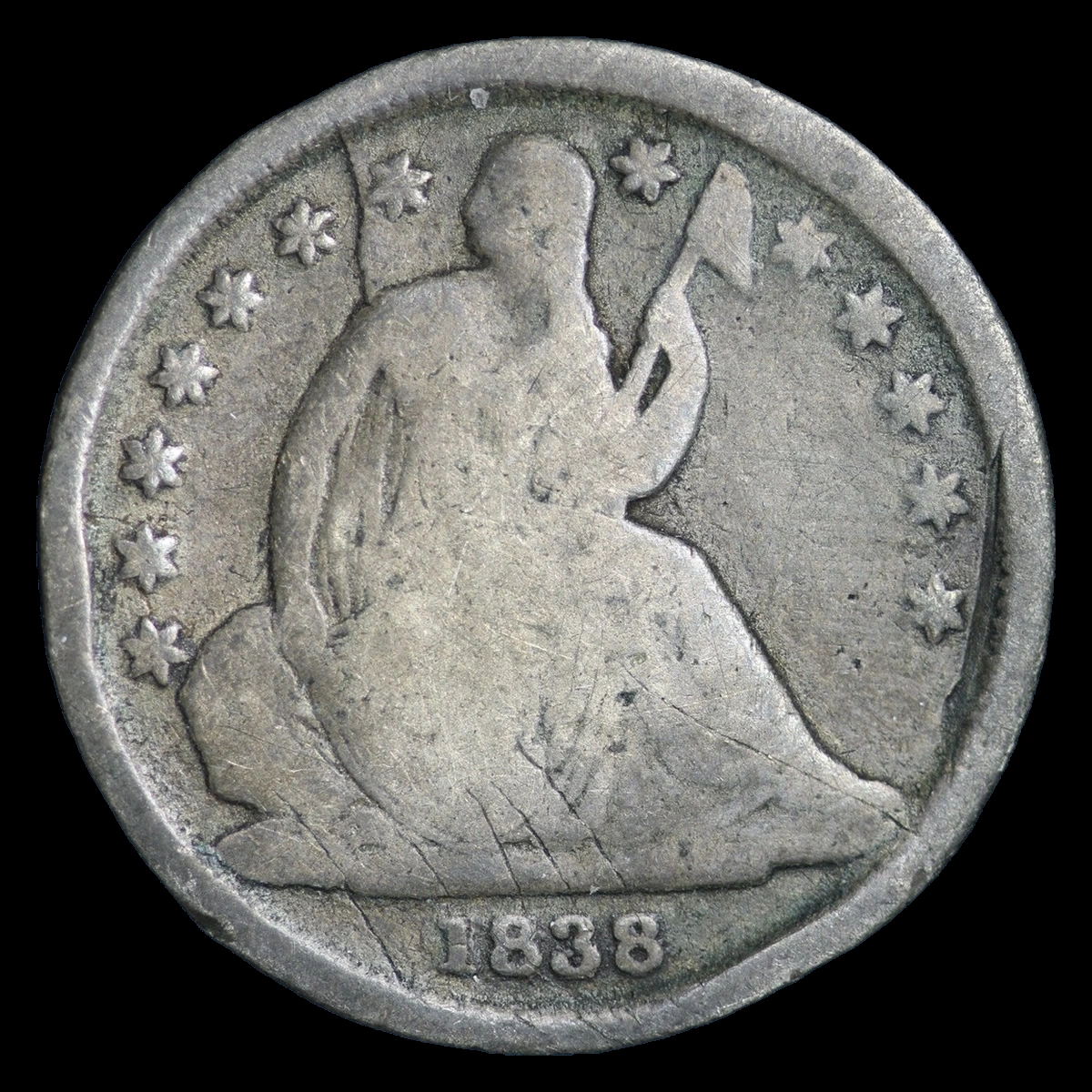 1838 Liberty Seated Dime: Die Crack / Die Chip