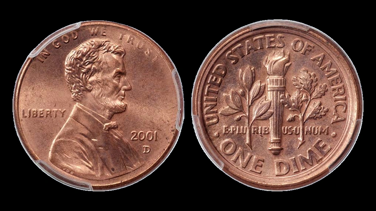2001 Lincoln Penny: Cent obverse / Dime reverse mule