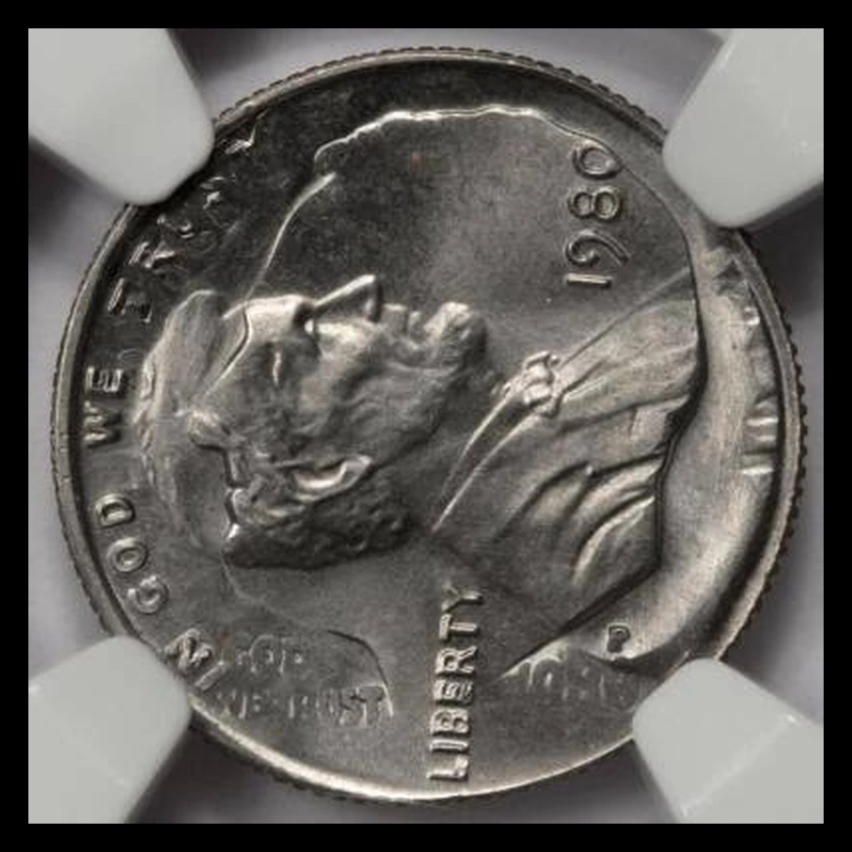 1980 Lincoln Cent (Modern): cent overstruck on a finished dime