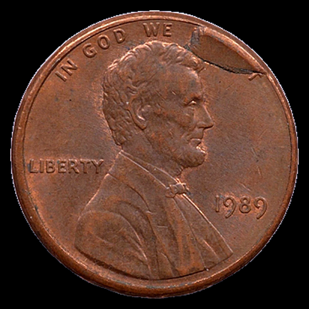 1989 Lincoln Cent (Modern): Die Break
