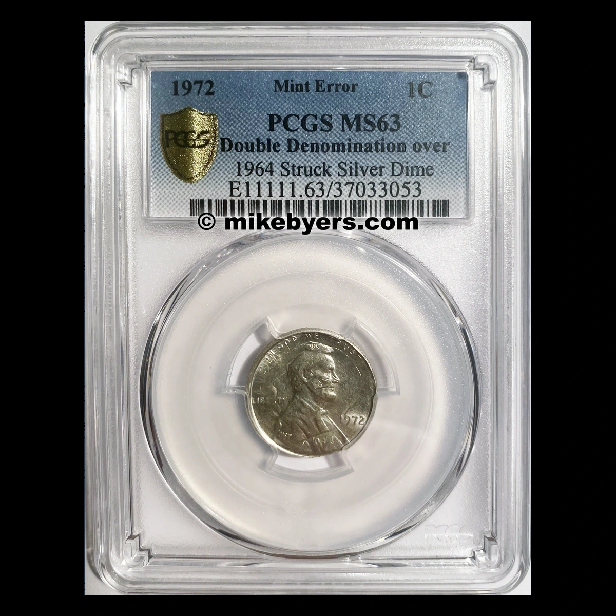1972 Lincoln Cent (Modern): cent overstruck on a 1964 silver dime