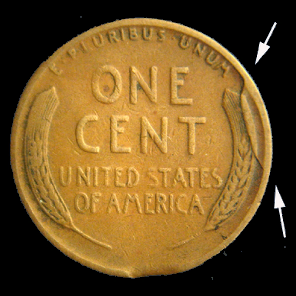 1937 Lincoln Cent (Wheat Reverse): Die Break