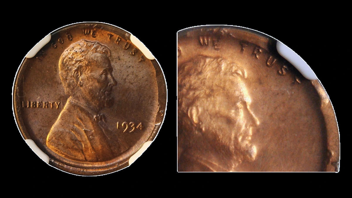 1934 Lincoln Cent (Wheat Reverse): off-center first strike followed by a broadstrike