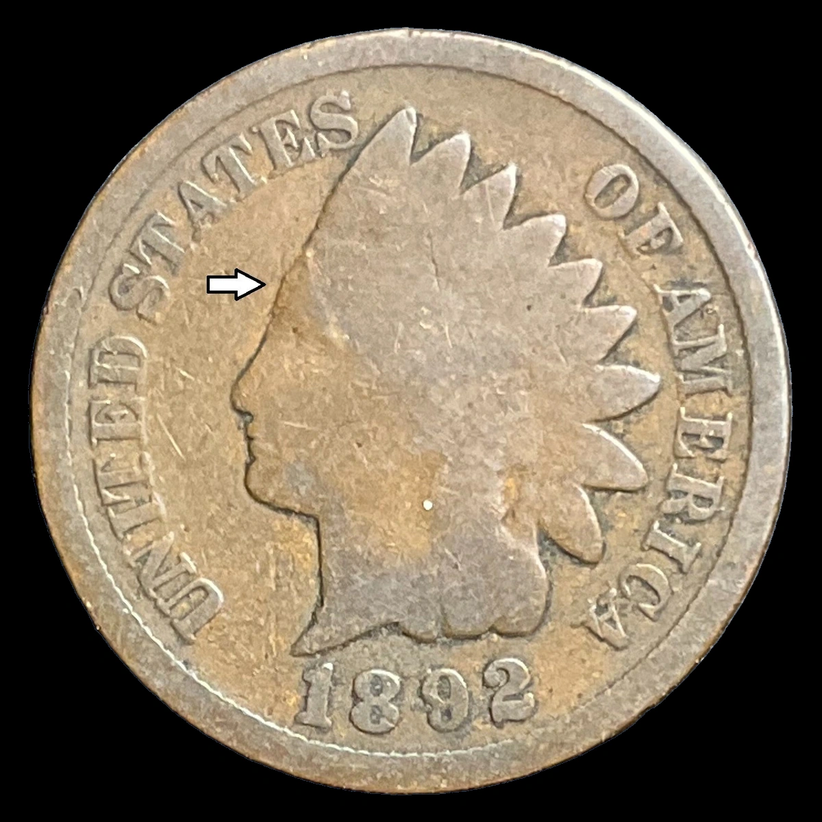 1892 Indian Head Penny: Die Break / Cud