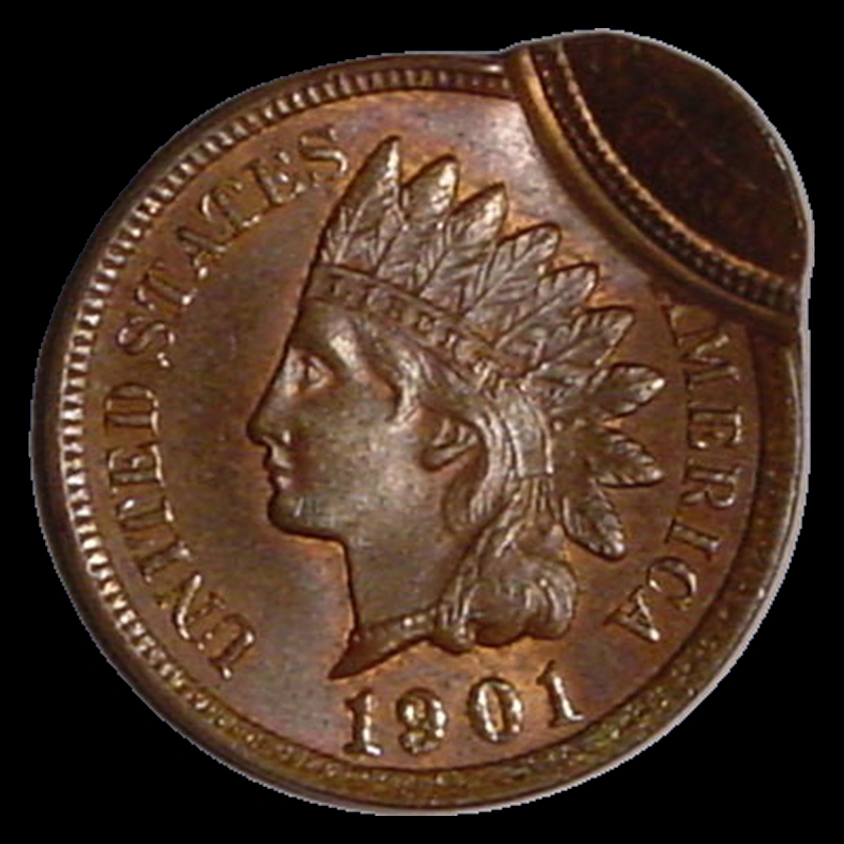 1901 Indian Cent: double strike with an off-center second impression