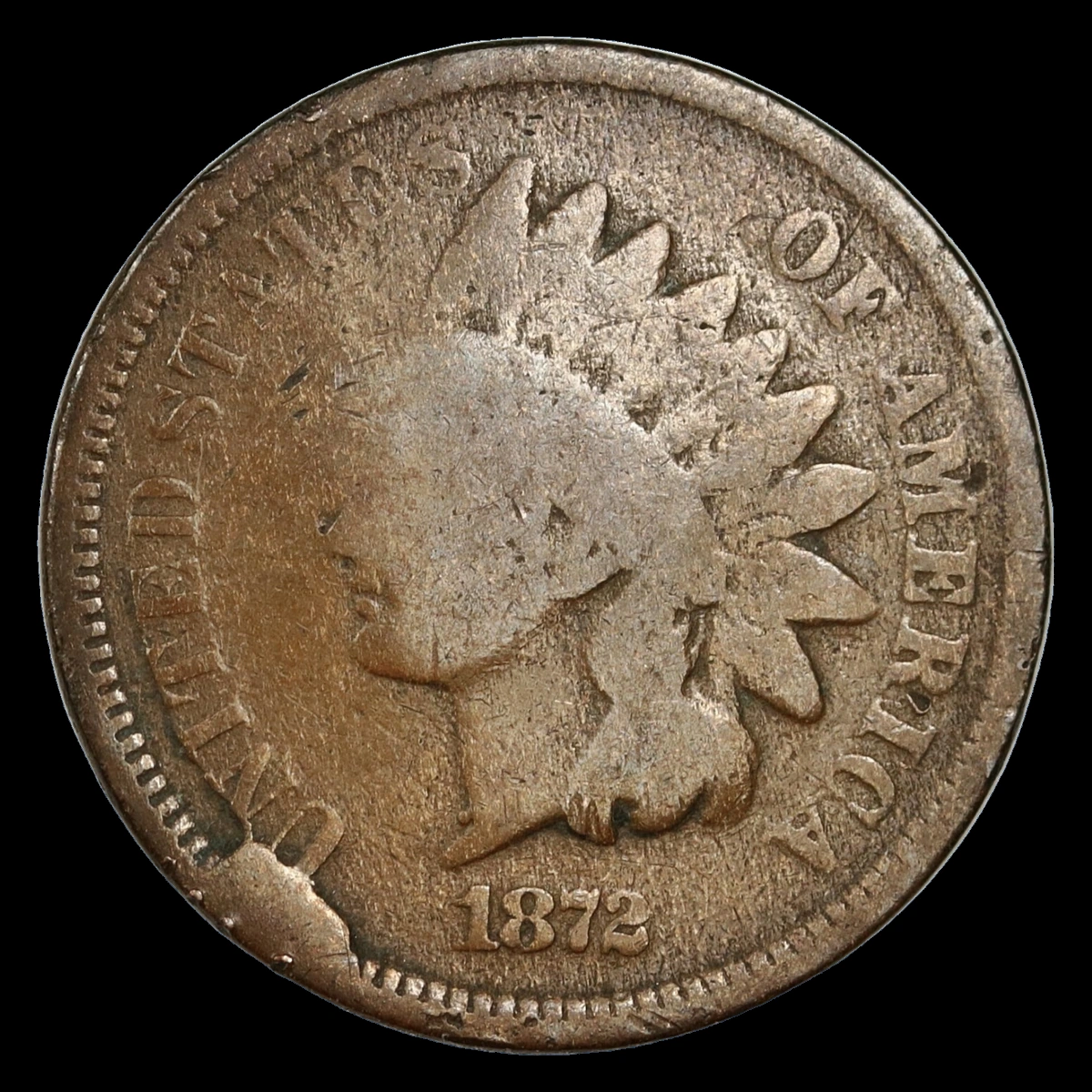 1872 Indian Head Penny: Die Break / Cud