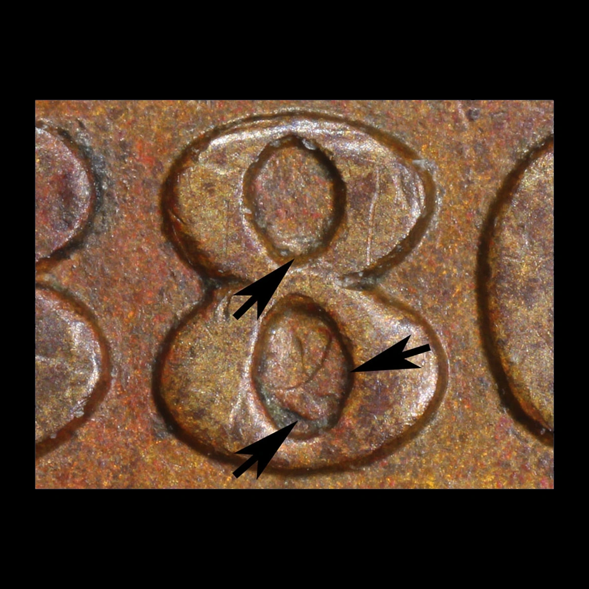 1880 Indian Head cent Snow-10 repunched date with arrows showing extra impressions inside the second 8