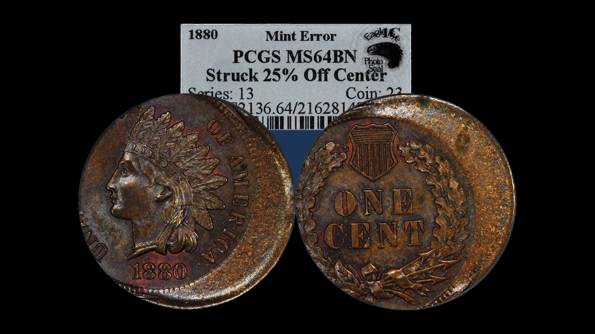 1880 Indian Head cent struck 25 percent off center, obverse and reverse with original label