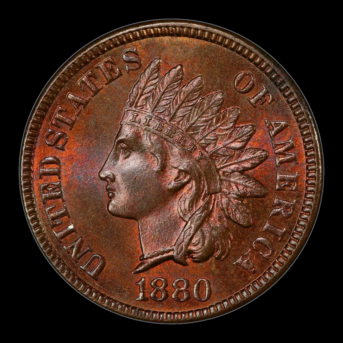 1880 Indian Head cent FS-101 Snow-1 obverse with doubled headband letters