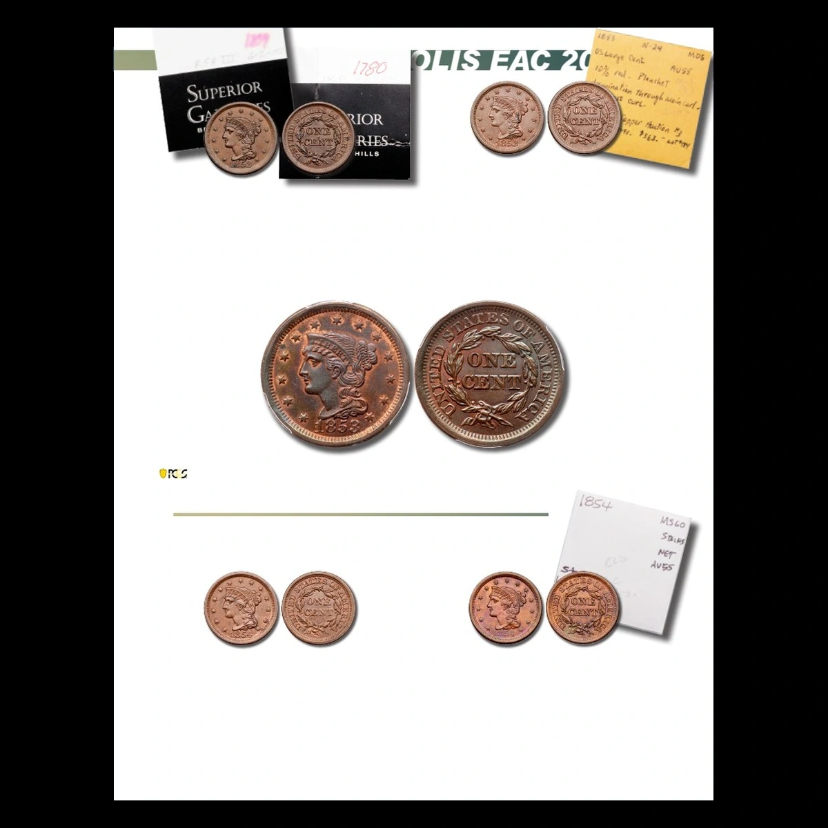 1854 Braided Hair Cent: Die Clash - Lot 524, bottom-right pair