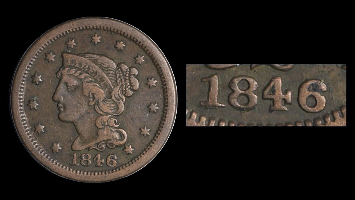 1846 Braided Hair Cent: Repunched Date