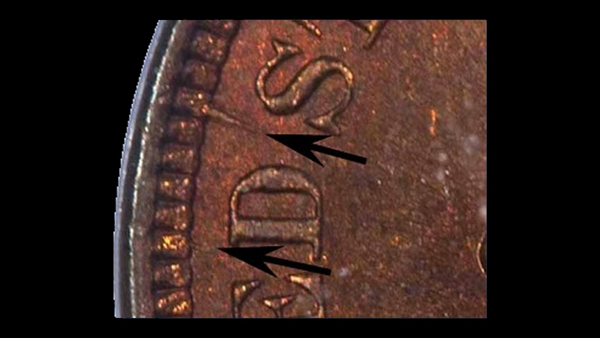 1903 Indian Cent: die-file marks beside UNITED